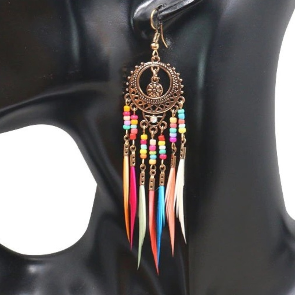 Boho Chic Multi-Colored Feather Earrings - Bronze